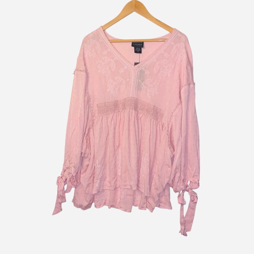 Liv Los Angeles V Neck Feminine Soft Pink Boho Floral Embroidered Blouse